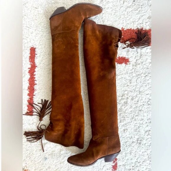 YSL Saint Laurent OTK Over-the-Knee Brown Suede Lace-Up Boots Size 37.5 - Picture 2 of 8